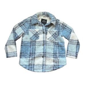 Hollister Women's Plaid Button Front Teddy Fleece Jacket Shacket M Blue Sherpa